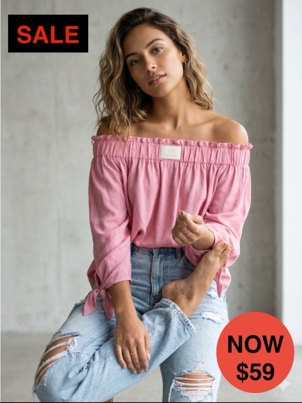 H&M Pink Swiss Dot Off-the-Shoulder Blouse Size XS 2 EUC Vacation Resort